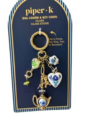 Piper K Brand Floral Teapot and heart-themed glass stone bag charm and key chain